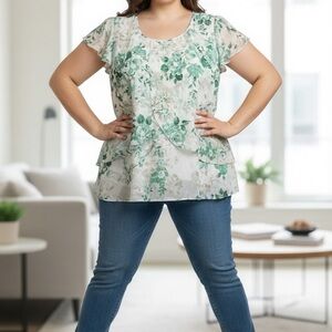 Floral Green and White Blouse